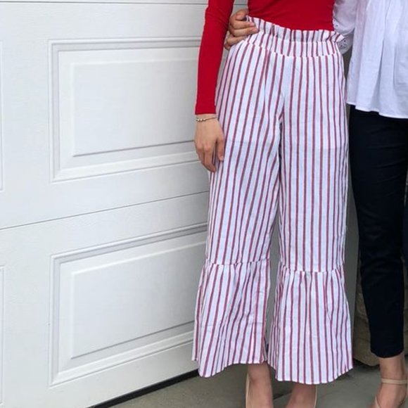 Red and White Straight Leg Linen Pants - Picture 1 of 2